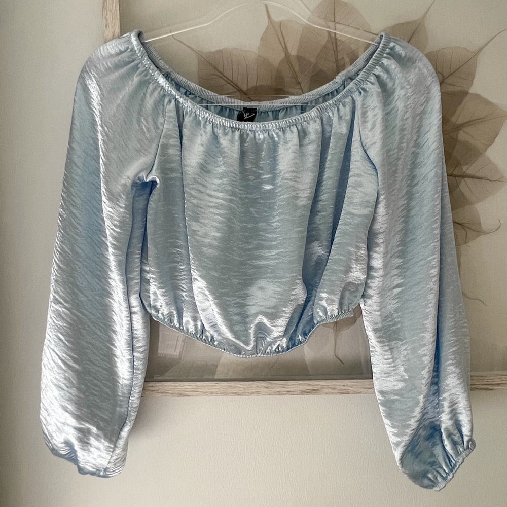 Baby blue satin off the shoulder shirt